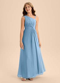 Azazie Brooke Junior Vestido de Azul Acero de Gasa de Corte en A con Corte Lateral image5