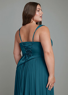 Azazie Stephanie Robes de demoiselle d'honneur Robe Trapèze en Satin extensible Plissé Bleu Encre image12