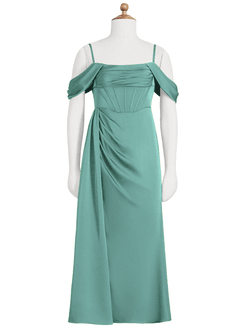 Azazie Amyra Junior Aqua Sheath Off the Shoulder Stretch Satin Dress image6