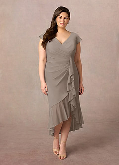 Azazie Renetta Mother of the Bride Dresses Taupe Sheath V-Neck Pleated Mesh Dress image8