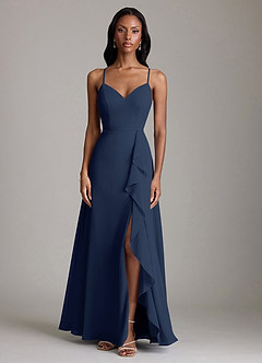 Azazie Naeem Bridesmaid Dresses Dark Navy A-Line V-Neck Ruffle Chiffon Dress image3