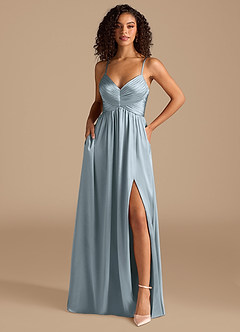 Azazie Alia Robes de demoiselle d'honneur Robe Trapèze en Satiné métallisé Plissée Bleu Poussiéreux image1