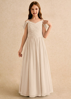 Azazie Chelo Junior Formal Abiti da Ragazza di Fiori Abito A-Line in Chiffon Plissettato Alabastro Bianco image5