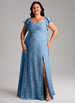 Azazie Bondi Vestidos de damas de honor Vestido de Azul Acero de Devorado Floral de Corte en A con Corte Lateral image10