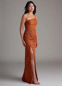 Azazie Eren Bridesmaid Dresses Burnt Orange Sheath One Shoulder Floral Burnout Dress image3