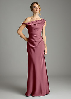 Azazie Emerson Bridesmaid Dresses Desert Rose Mermaid Off the Shoulder Stretch Satin Dress image1