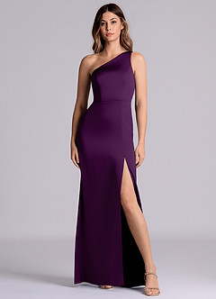 Azazie Philana Bridesmaid Dresses Grape A-Line One Shoulder Stretch Satin Dress image4