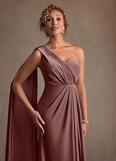 Azazie Aphra Mother of the Bride Dresses Espresso Sheath One Shoulder Velvet Dress image6