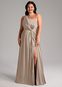 Azazie Brooke Bridesmaid Dresses Taupe A-Line One Shoulder Stretch Satin Dress image9