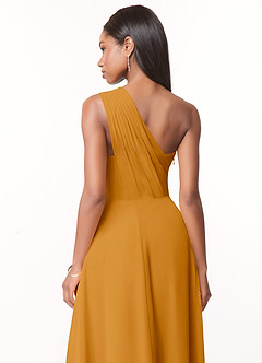 Azazie Ashley Robes de demoiselle d'honneur Robe Trapèze en Mousseline de soie Rayé Caramel écossais image3