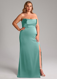 Azazie Saige Bridesmaid Dresses Aqua Sheath Off the Shoulder Stretch Satin Dress image17