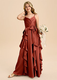 Azazie Peyton Junior Terracotta A-Line Pleated Stretch Satin Dress image2