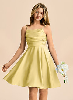 Azazie Miko Junior Canary A-Line Pleated Stretch Satin Dress image1