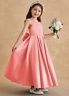 Azazie Honey Bear Flower Girl Dresses Coral A-Line Pleated Matte Satin Dress image5