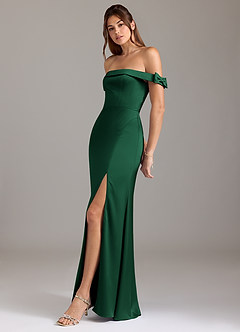 Azazie Zayla Bridesmaid Dresses Dark Green A-Line Off the Shoulder Stretch Satin Convertible Dress image4