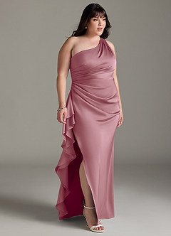 Azazie Latrice Bridesmaid Dresses Vintage Mauve Sheath One Shoulder Cascading Ruffles Stretch Satin Dress image9