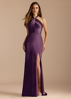Azazie Tracie Bridesmaid Dresses Plum A-Line Pleated Metallic Satin Dress image1