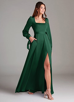 Azazie Leonia Vestidos de damas de honor Vestido de Verde Oscuro de Satén Elástico de Corte en A con Manga larga image4