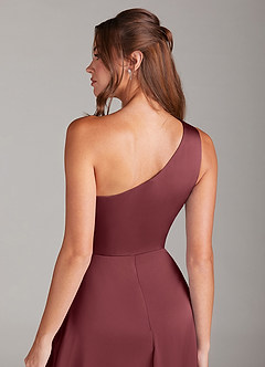 Azazie Brooke Bridesmaid Dresses Merlot A-Line One Shoulder Stretch Satin Dress image3