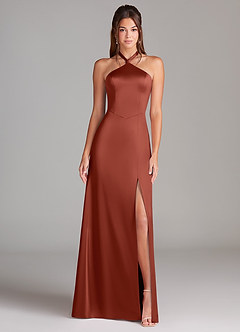 Azazie Elliana Robes de demoiselle d'honneur Robe Trapèze en Satin extensible Fente Latérale Terracotta image5