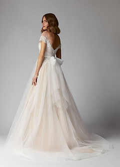 Azazie Cindy Wedding Dresses A-Line Illusion Off-The-Shouler Lace Tulle Chapel Train Dress image2