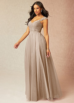 Azazie Luxi Bridesmaid Dresses Taupe A-Line Pleated Tulle Dress image3