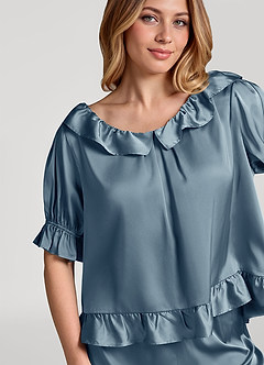 front Ruffled Short Sleeve Satin Pajama Set