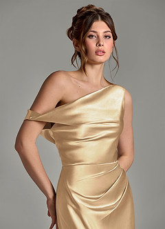 Azazie Emerson Bridesmaid Dresses Champagne Mermaid Off the Shoulder Metallic Satin Dress image7