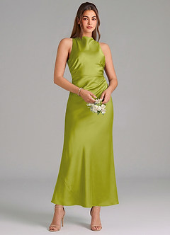 Azazie Evadne Vestidos de damas de honor Vestido de Hierba De Limón de Satén Elástico de Corte Recto con Plisado image3