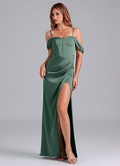 Azazie Asha Bridesmaid Dresses Eucalyptus Sheath Off the Shoulder Stretch Satin Convertible Dress image6