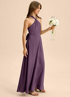 Azazie Beah Junior Plum A-Line Pleated Stretch Satin Dress image6