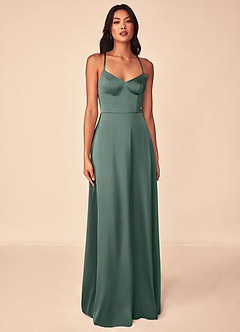 Azazie Mei Robes de demoiselle d'honneur Robe Trapèze en Satin extensible Col en V Mousse De Mer image1