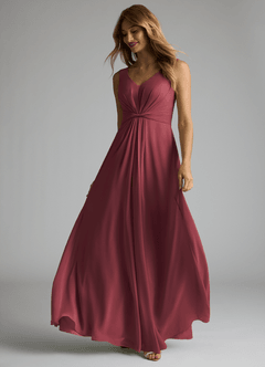 Azazie Gina Bridesmaid Dresses Merlot A-Line V-Neck Pleated Chiffon Dress image2