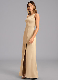 Azazie Phaedra Bridesmaid Dresses Champagne A-Line One Shoulder Stretch Satin Dress image5