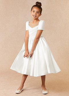 Azazie Anirra Flower Girl Dresses Ivory Ball-Gown Pleated Matte Satin Dress image1