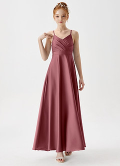Azazie Avelina Junior Desert Rose A-Line Pleated Stretch Satin Dress image4