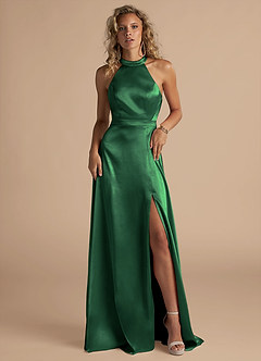 Azazie Clarice Bridesmaid Dresses Dark Green A-Line High Neck Metallic Satin Dress image4