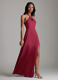 Azazie Tracie Bridesmaid Dresses Burgundy A-Line Side Slit Stretch Satin Dress image3