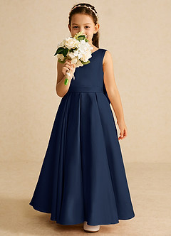 Azazie Pipsy Robe Demoiselle D'honneur Fillette Robe Trapèze en Mat Satiné Arc Bleu Marine Foncé image5