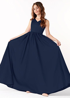Azazie Hathaway Junior Robe Trapèze en Mat Satiné Arc Bleu Marine Foncé image1