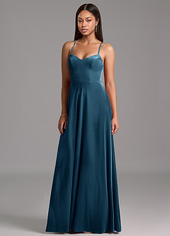 Azazie Mei Bridesmaid Dresses Blue Topaz A-Line Corset Velvet Dress image1