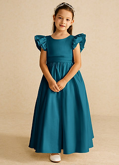 Azazie Piglette Flower Girl Dresses Ink Blue A-Line Bow Matte Satin Dress image4