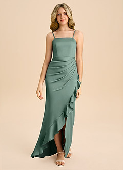 Azazie Buzzy Junior Eucalyptus Sheath Pleated Stretch Satin Dress image4