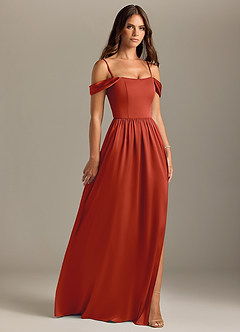 Azazie Calianna Bridesmaid Dresses Rust A-Line Off the Shoulder Stretch Satin Convertible Dress image7
