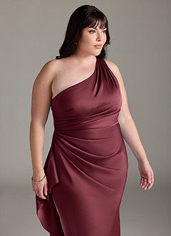 Azazie Latrice Bridesmaid Dresses Merlot Sheath One Shoulder Cascading Ruffles Stretch Satin Dress image11