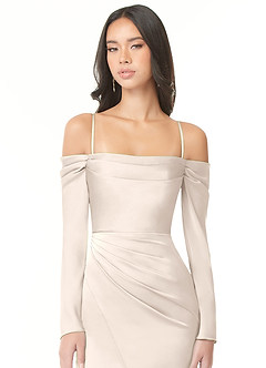 Azazie Hallie Bridesmaid Dresses White Alabaster Mermaid Off-The-Shoulder Long Sleeve Stretch Satin Convertible Dress image2