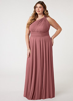 Azazie Charlize Bridesmaid Dresses Desert Rose A-Line One Shoulder Mesh Dress image8