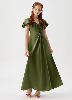 Azazie Soren Junior Olive A-Line Ruched Stretch Satin Dress image1