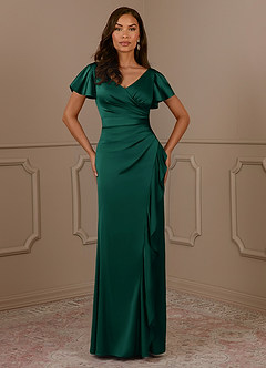 Azazie Roya Mother of the Bride Dresses Emerald Mermaid V-Neck Pleated Stretch Satin Dress image2