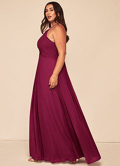 Azazie Ginger Vestidos de damas de honor Vestido Borgoña de Gasa de Línea A con Halter Plisado image16